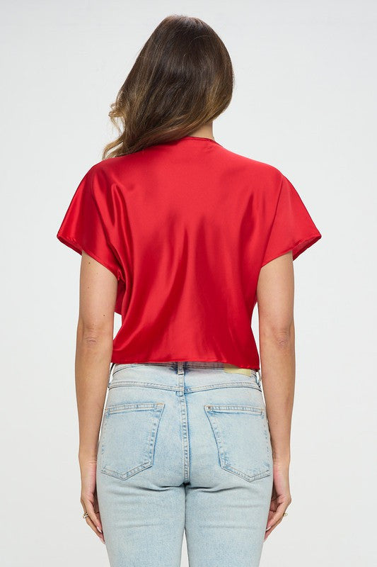 Satin Short Sleeve Top with Front Twist-New Arrival-Reneecollection-Small-RED-Urbanheer