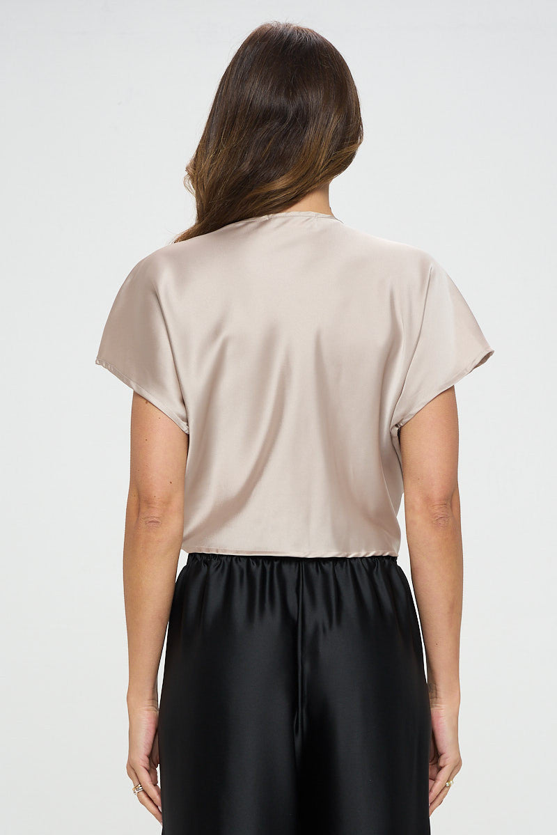 Satin Short Sleeve Top with Front Twist-New Arrival-Reneecollection-Small-BEIGE-Urbanheer