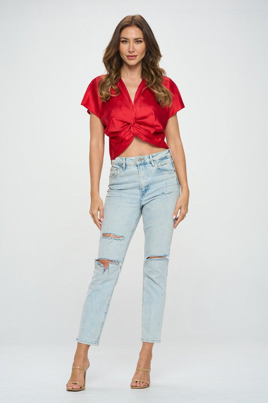 Satin Short Sleeve Top with Front Twist-New Arrival-Reneecollection-Small-RED-Urbanheer