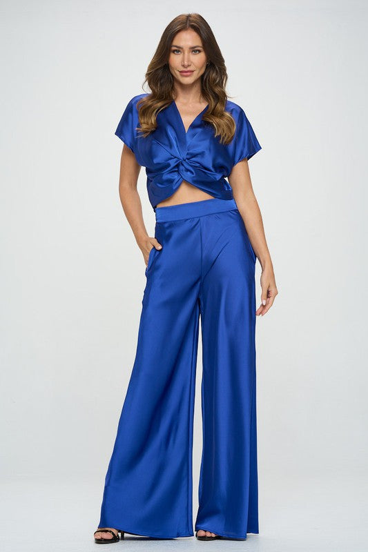 Satin Short Sleeve Top with Front Twist-New Arrival-Reneecollection-Small-ROYAL BLUE-Urbanheer