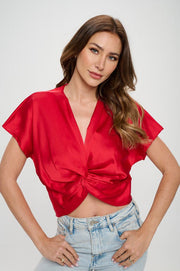 Satin Short Sleeve Top with Front Twist-New Arrival-Reneecollection-Small-RED-Urbanheer