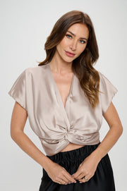 Satin Short Sleeve Top with Front Twist-New Arrival-Reneecollection-Small-BEIGE-Urbanheer