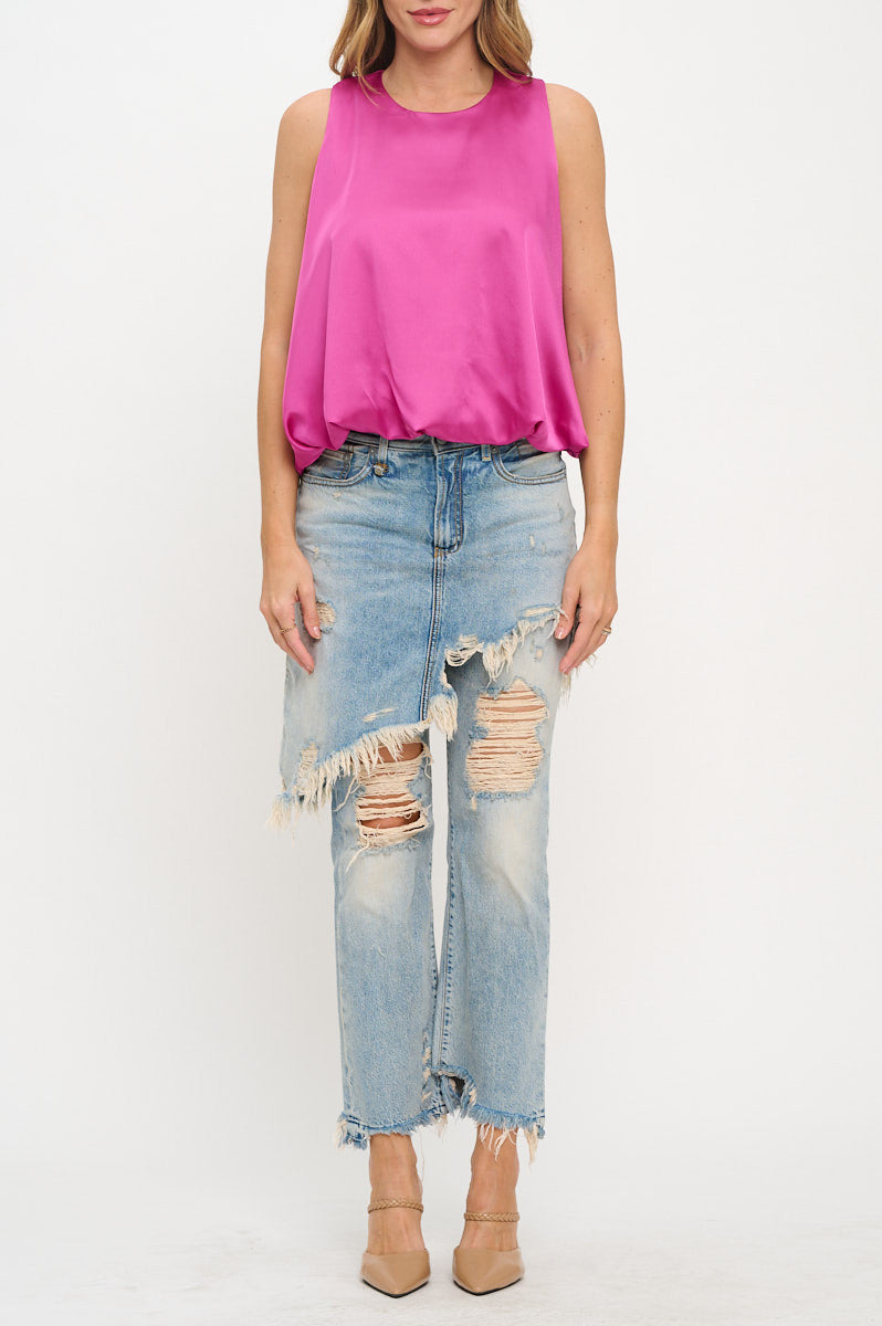 Satin Sleeveless Top with Bubble Hem and Back Keyhole-New Arrival-Reneecollection-Small-DARK FUSCHIA-Urbanheer