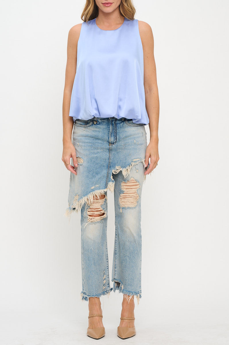 Satin Sleeveless Top with Bubble Hem and Back Keyhole-New Arrival-Reneecollection-Small-BLUE-Urbanheer