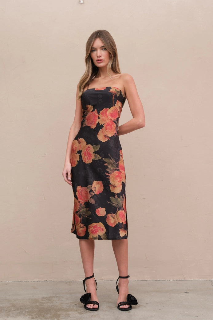 Satin Span Flower Tube Dress