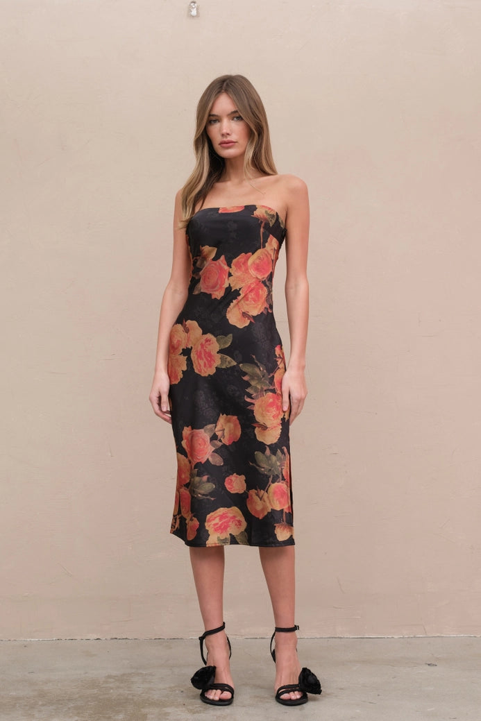 Satin Span Flower Tube Dress