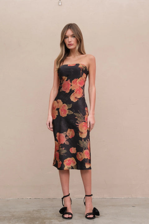 Satin Span Flower Tube Dress