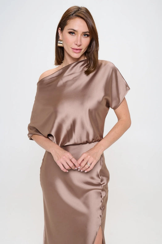 Satin Stretch Print Dress With Slit Dune-Dress-Renee C.-S-Dune-Urbanheer