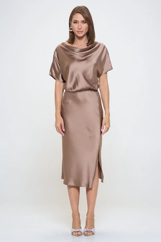 Satin Stretch Print Dress With Slit Dune-Dress-Renee C.-S-Dune-Urbanheer