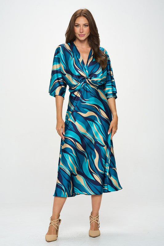 Satin Stretch Print Dress with Front Twist-Dresses-Reneecollection-Small-TEAL-Urbanheer