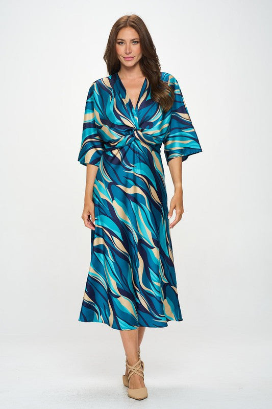 Satin Stretch Print Dress with Front Twist-Dresses-Reneecollection-Small-TEAL-Urbanheer
