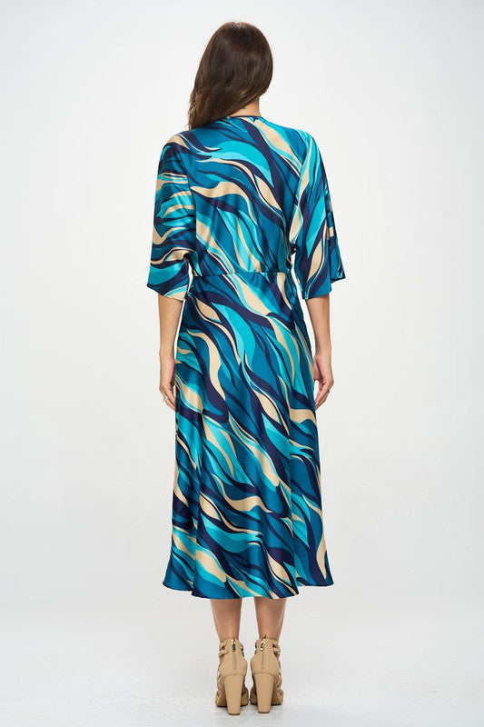 Satin Stretch Print Dress with Front Twist-Dresses-Reneecollection-Small-TEAL-Urbanheer