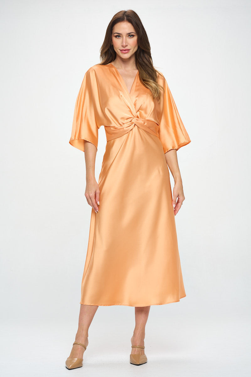 Satin Stretch Solid Dress with Front Twist-Dresses-Reneecollection-Small-MELON-Urbanheer