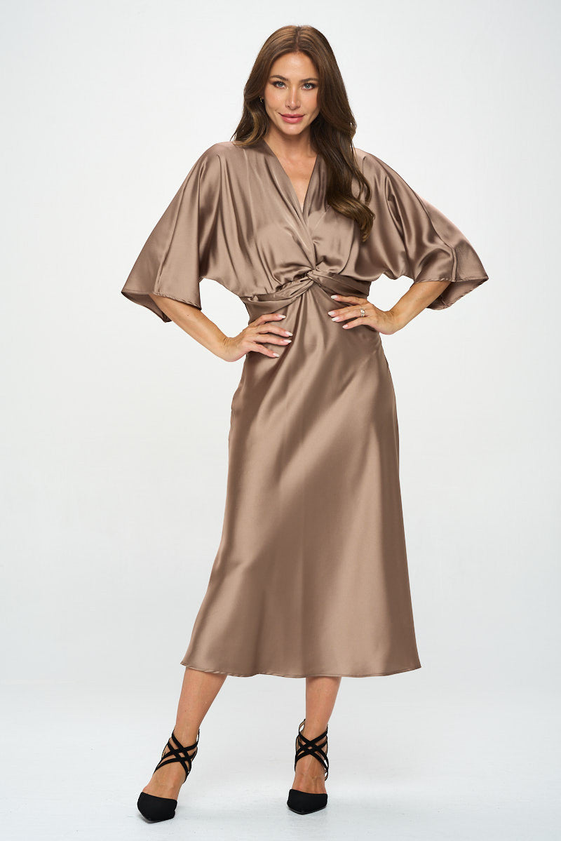 Satin Stretch Solid Dress with Front Twist-Dresses-Reneecollection-Small-DUNE-Urbanheer