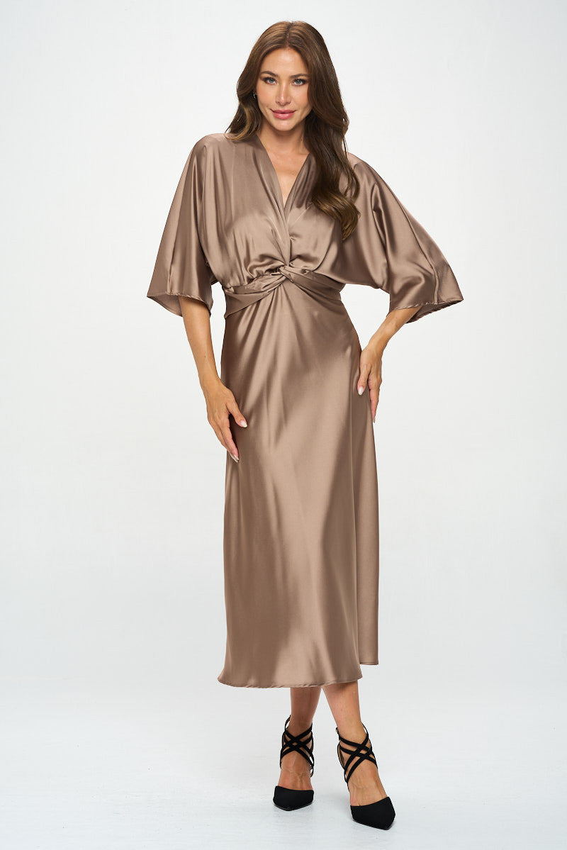 Satin Stretch Solid Dress with Front Twist-Dresses-Reneecollection-Small-DUNE-Urbanheer