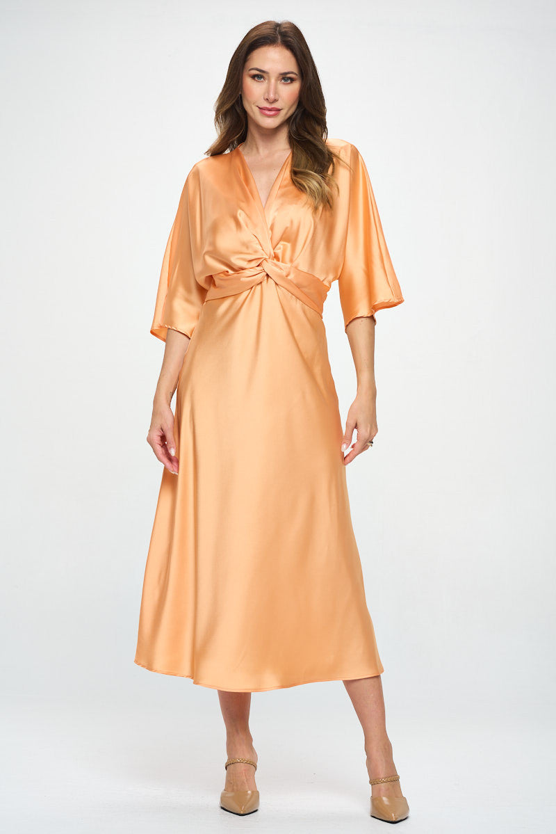 Satin Stretch Solid Dress with Front Twist-Dresses-Reneecollection-Small-MELON-Urbanheer