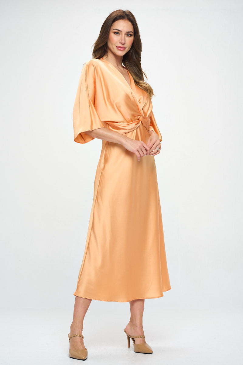 Satin Stretch Solid Dress with Front Twist-Dresses-Reneecollection-Small-MELON-Urbanheer