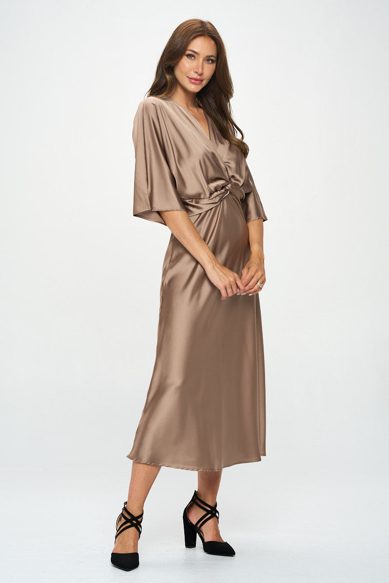 Satin Stretch Solid Dress with Front Twist-Dresses-Reneecollection-Small-DUNE-Urbanheer