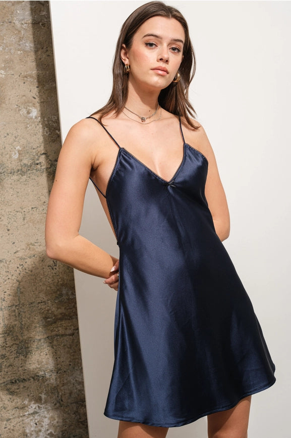 Satin V Neck Mini Dress-Dress-Blue B-S-NAVY-Urbanheer
