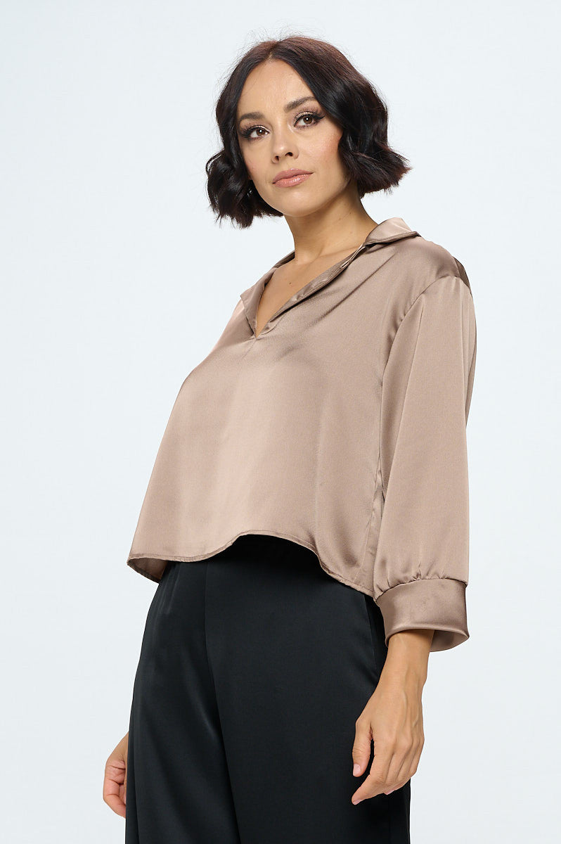 Satin V neck Collared Crop Top-Tops-Reneecollection-Urbanheer
