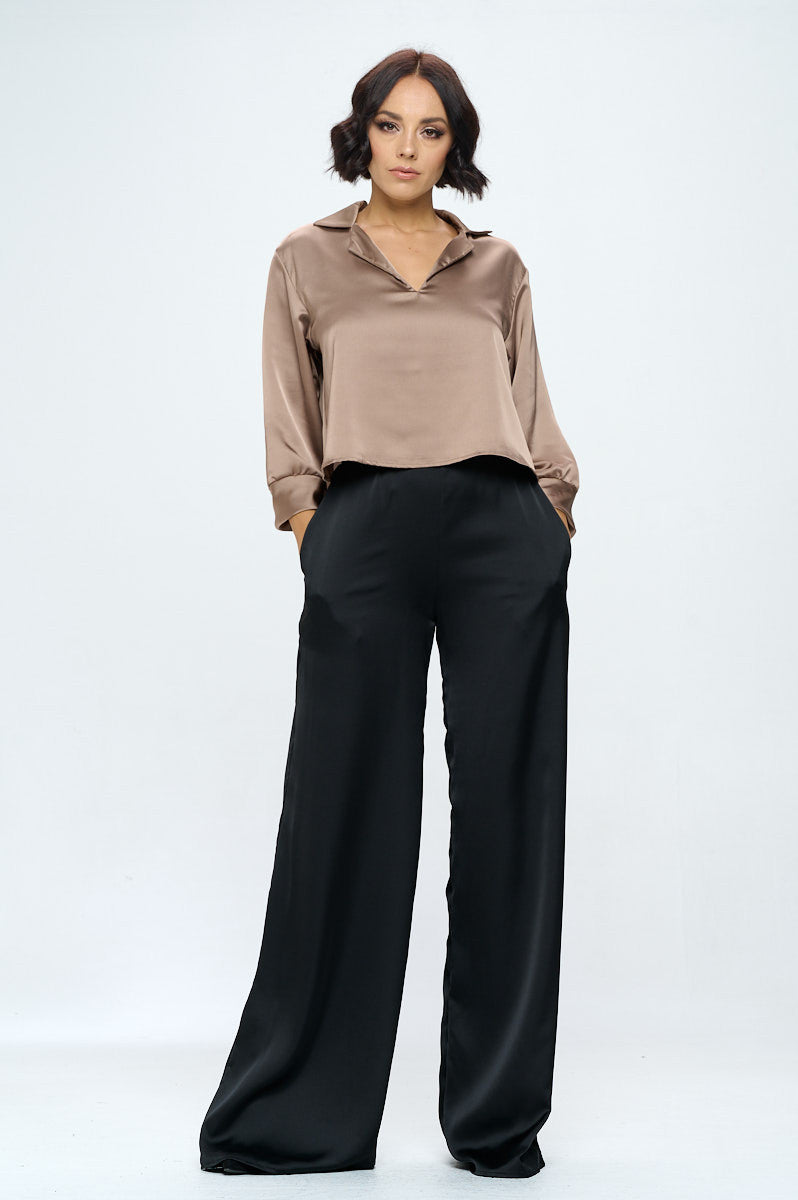 Satin V neck Collared Crop Top-Tops-Reneecollection-Urbanheer