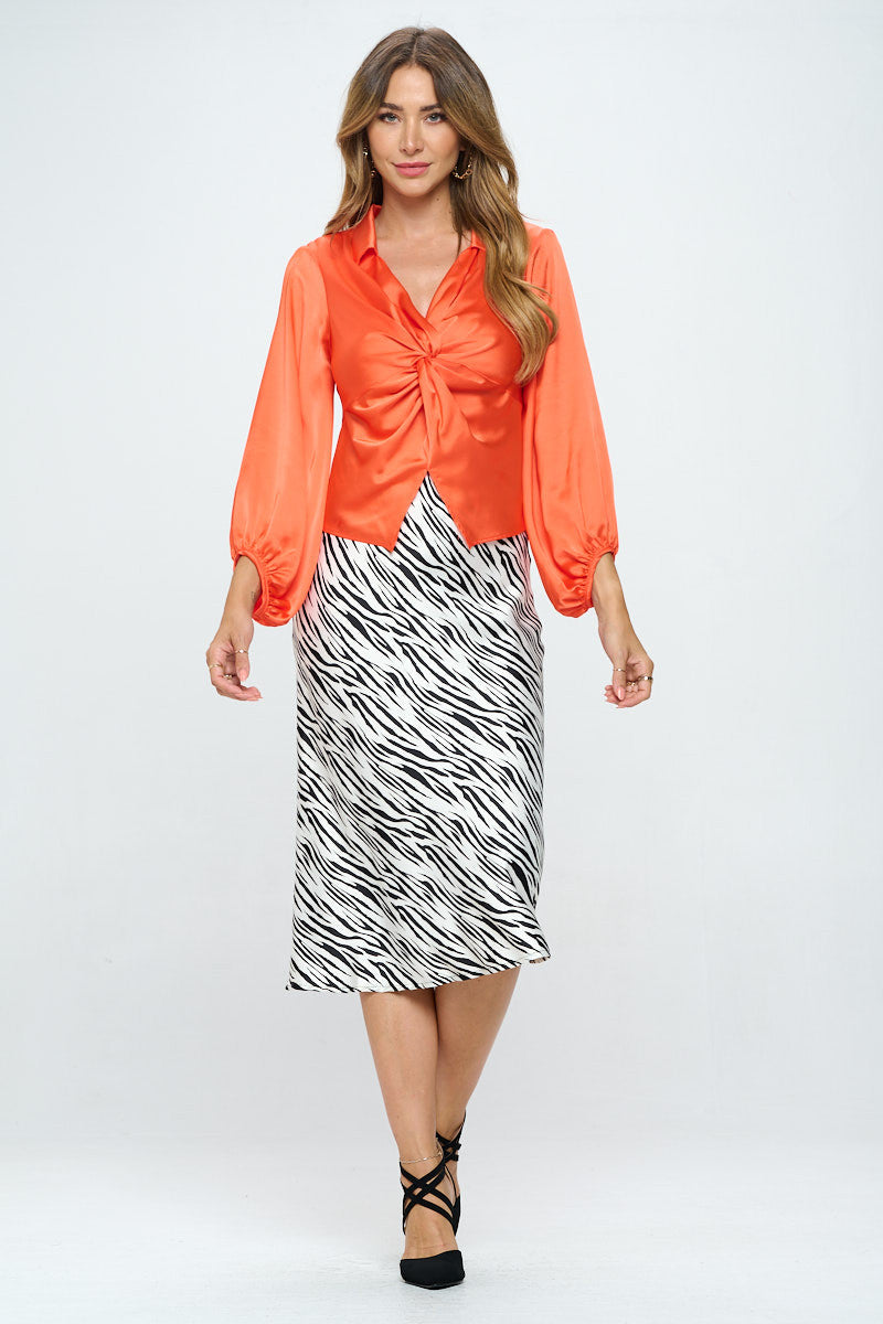 Satin Vibrant Collared Top with Front Twist-Tops-Reneecollection-Urbanheer