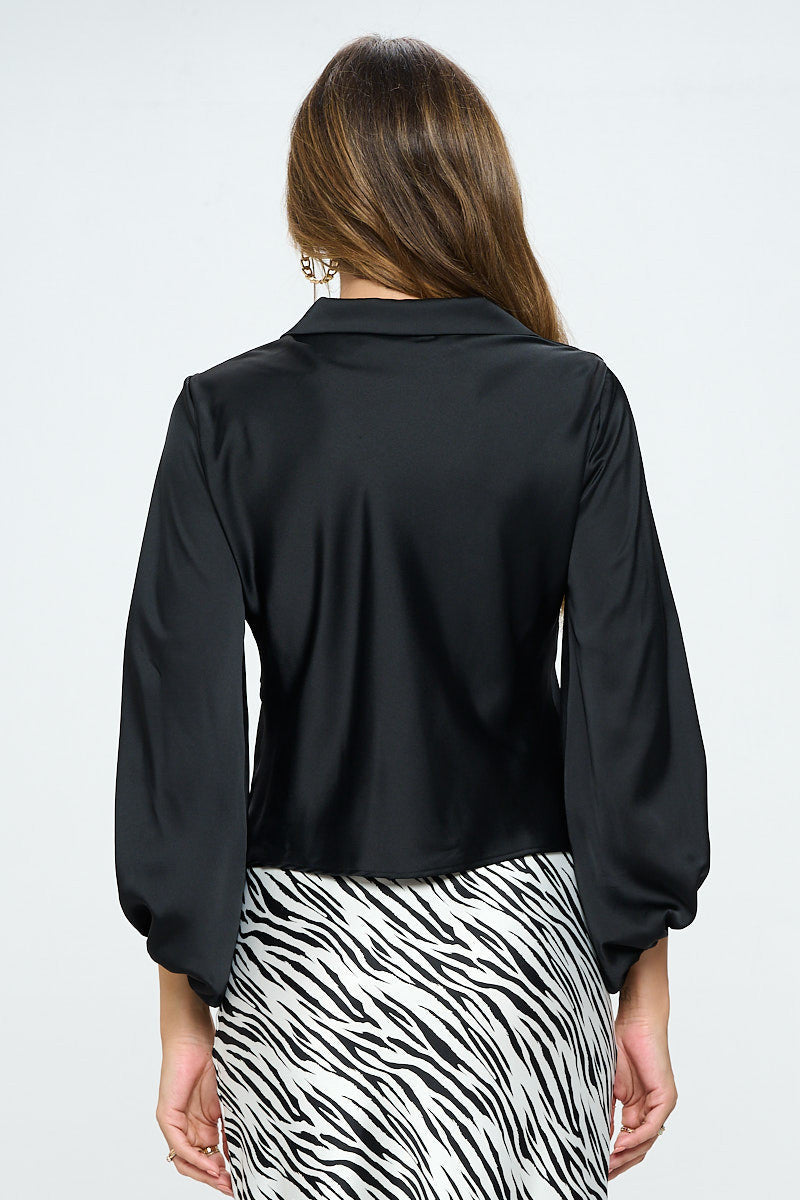 Satin Vibrant Collared Top with Front Twist-Tops-Reneecollection-Urbanheer