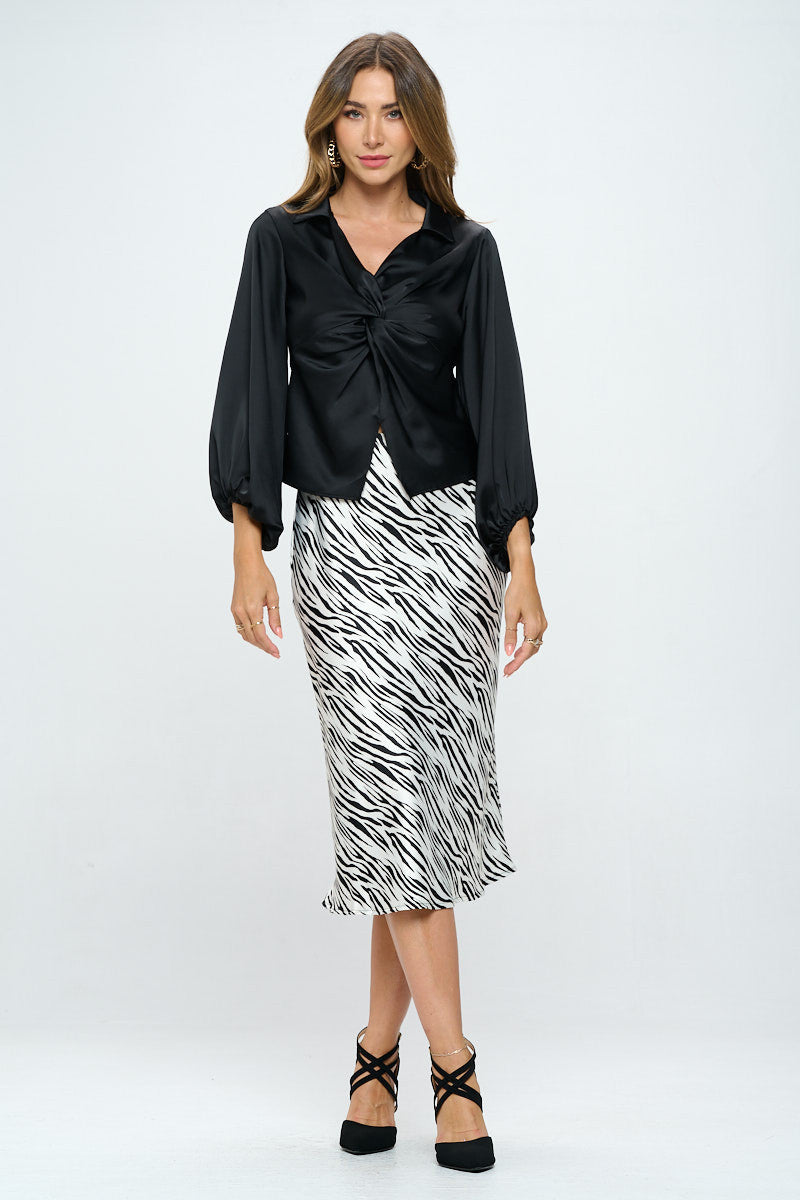 Satin Vibrant Collared Top with Front Twist-Tops-Reneecollection-Urbanheer