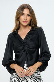 Satin Vibrant Collared Top with Front Twist-Tops-Reneecollection-Urbanheer