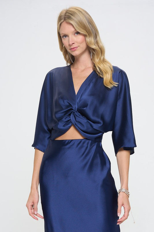 Satin Vibrant Short Sleeve Top with Front Twist-New Arrival-Reneecollection-Small-NAVY-Urbanheer
