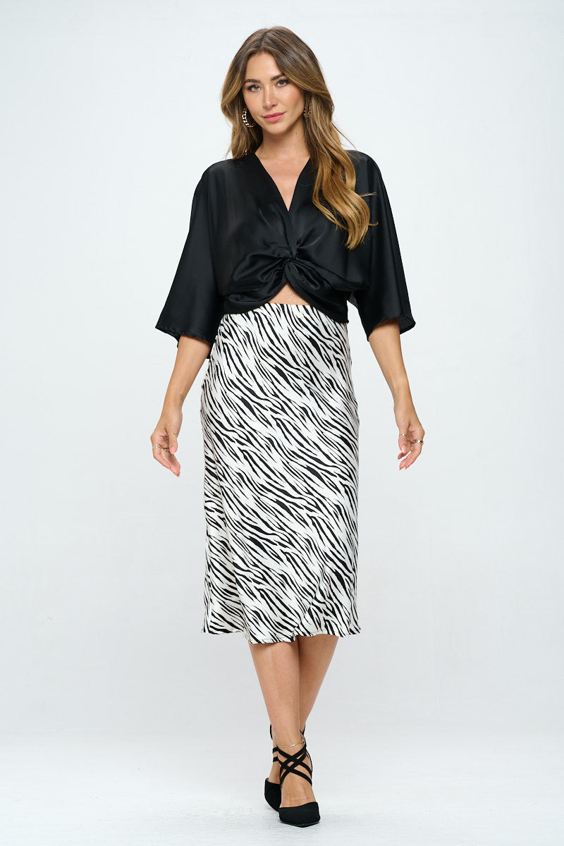 Satin Vibrant Short Sleeve Top with Front Twist-Tops-Reneecollection-Small-BLACK-Urbanheer