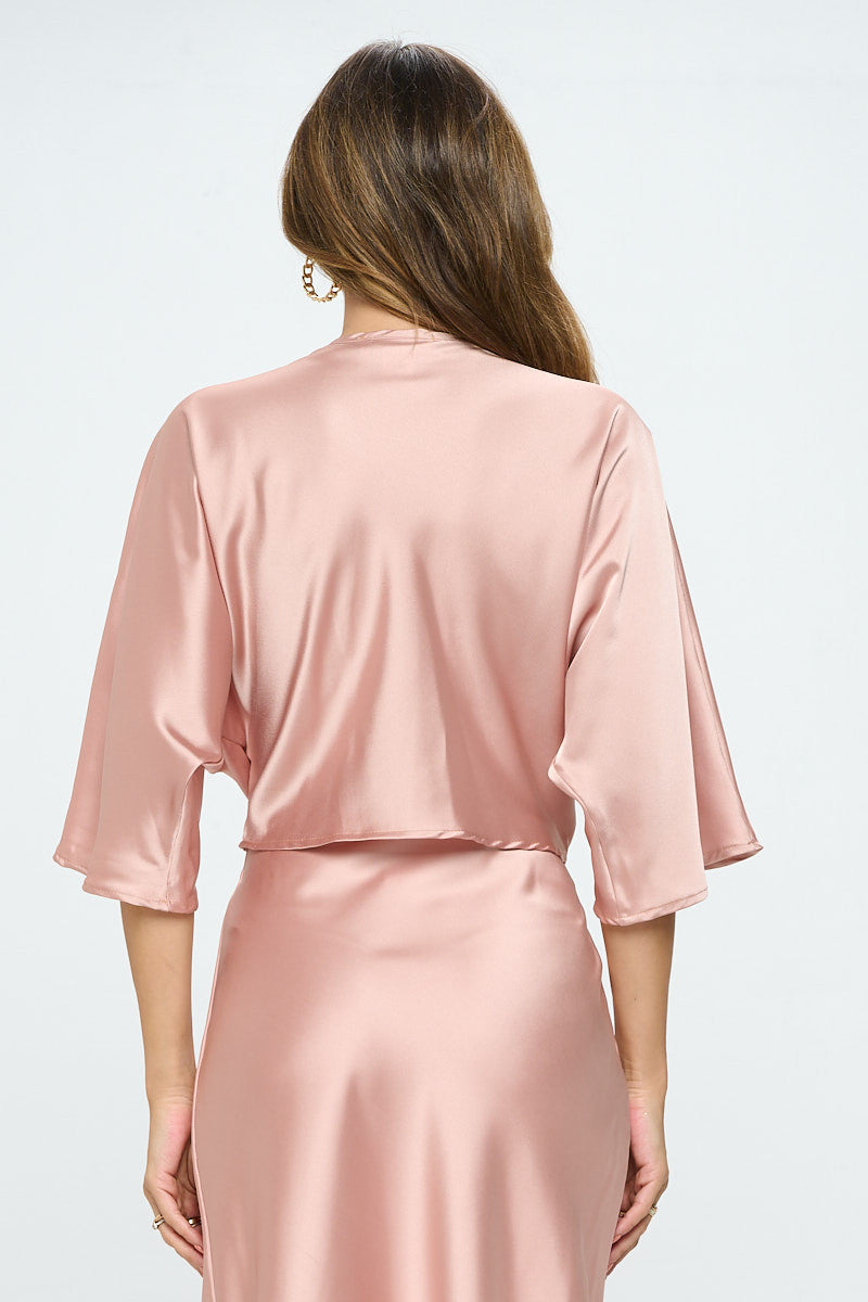 Satin Vibrant Short Sleeve Top with Front Twist-Tops-Reneecollection-Small-PINK-Urbanheer