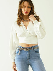 Satin Wrap Crop Top Fitted At the Waist in White-Top-Q2-S-White-Urbanheer