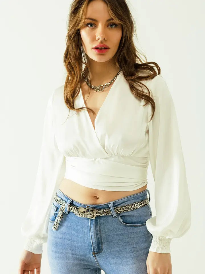 Satin Wrap Crop Top Fitted At the Waist in White-Top-Q2-S-White-Urbanheer