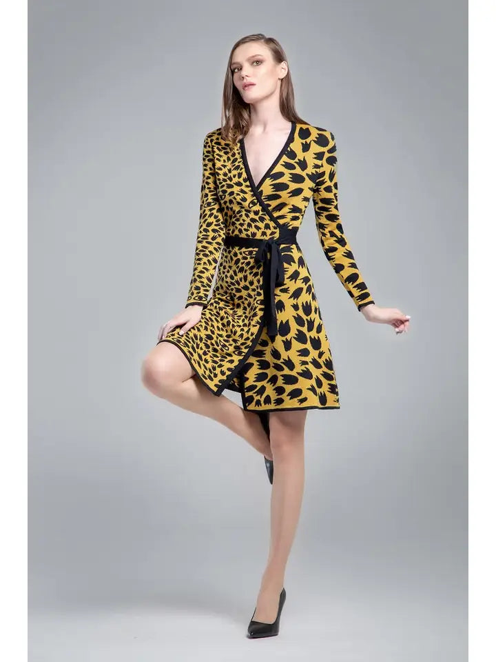 Savannah Jacquard-Knit Wrap Dress in Yellow-Dress-RUMOUR LONDON-XS-Yellow-Urbanheer