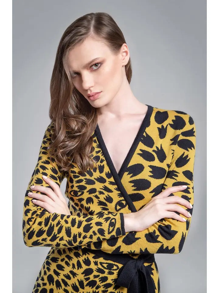 Savannah Jacquard-Knit Wrap Dress in Yellow-Dress-RUMOUR LONDON-XS-Yellow-Urbanheer