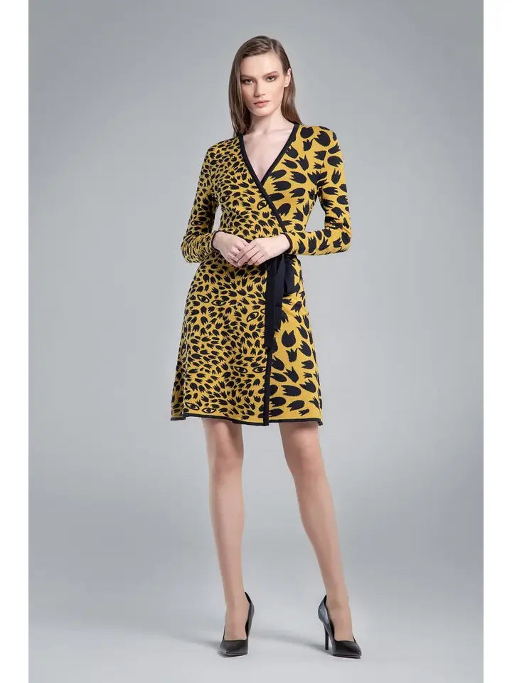 Savannah Jacquard-Knit Wrap Dress in Yellow-Dress-RUMOUR LONDON-XS-Yellow-Urbanheer