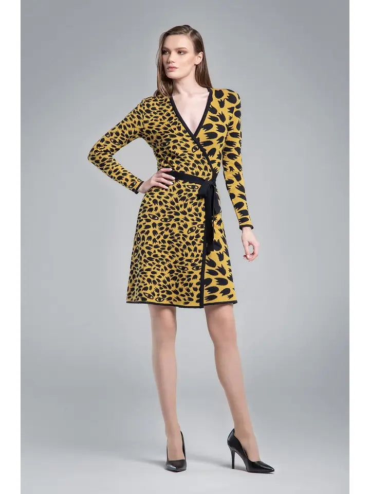 Savannah Jacquard-Knit Wrap Dress in Yellow-Dress-RUMOUR LONDON-XS-Yellow-Urbanheer