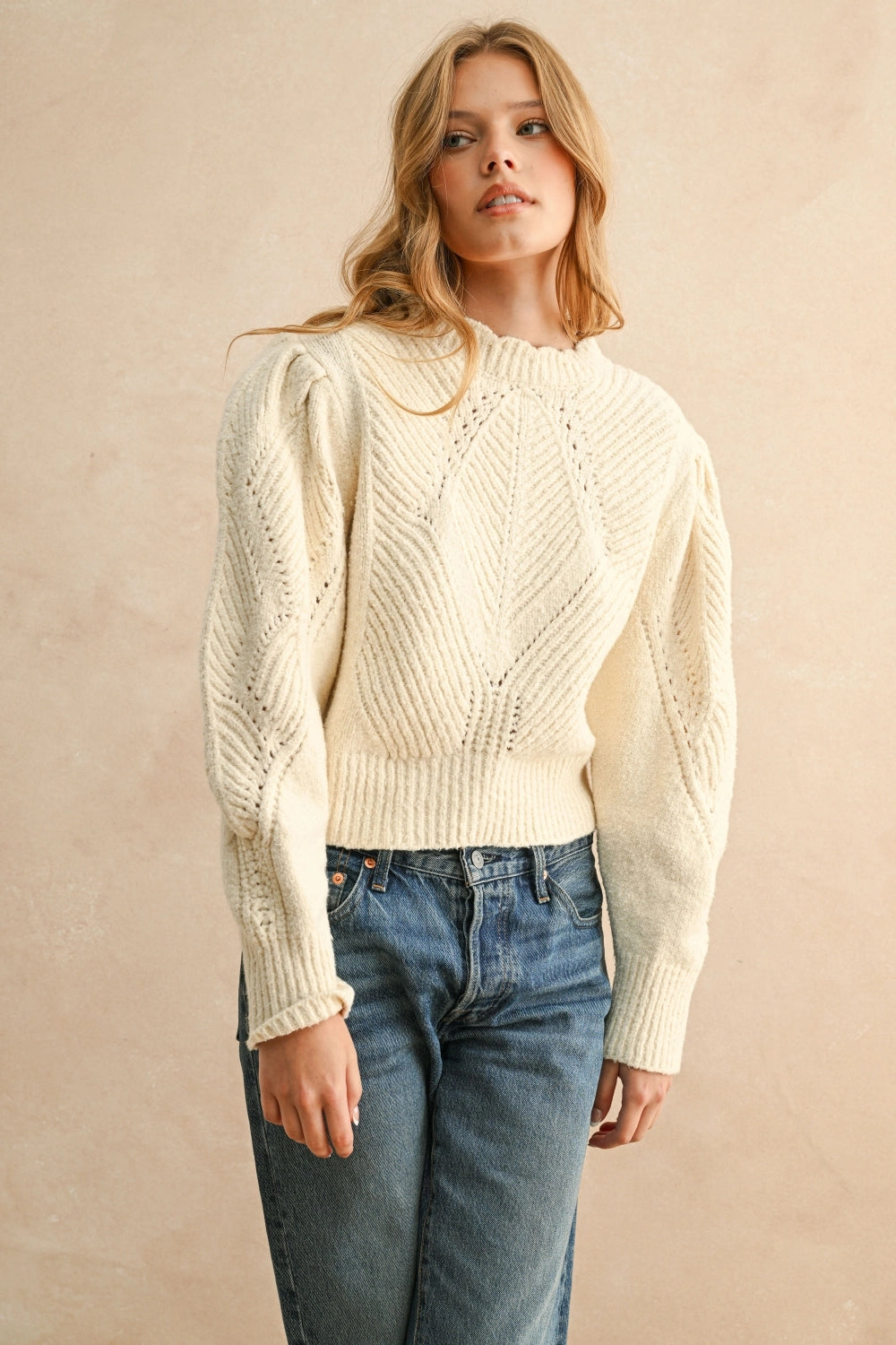 Scallop Detailed Puff Shoulder Sweater Top