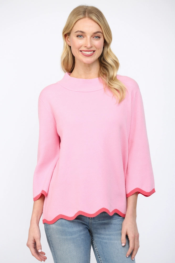 Scallop Edge Detailed Mock Neck Sweater Top in Pink