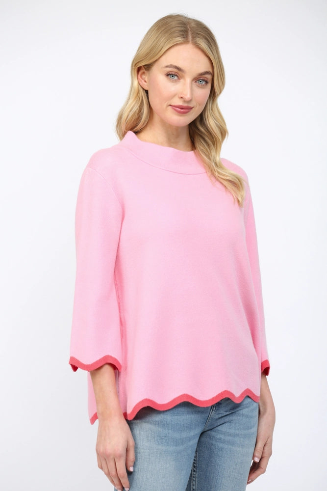 Scallop Edge Detailed Mock Neck Sweater Top in Pink