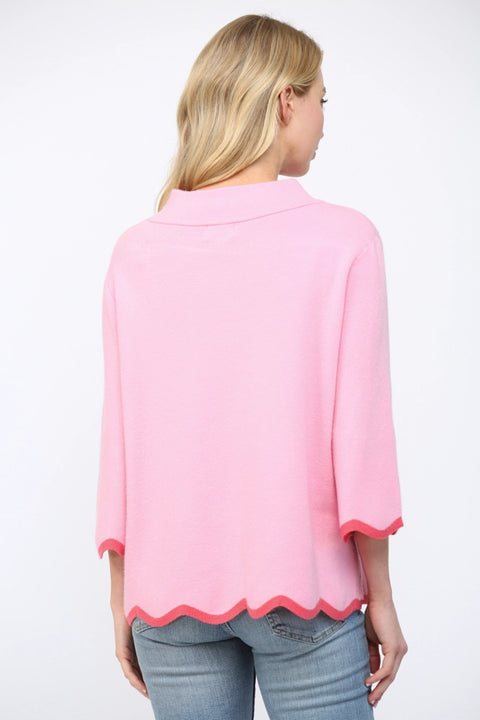 Scallop Edge Detailed Mock Neck Sweater Top in Pink