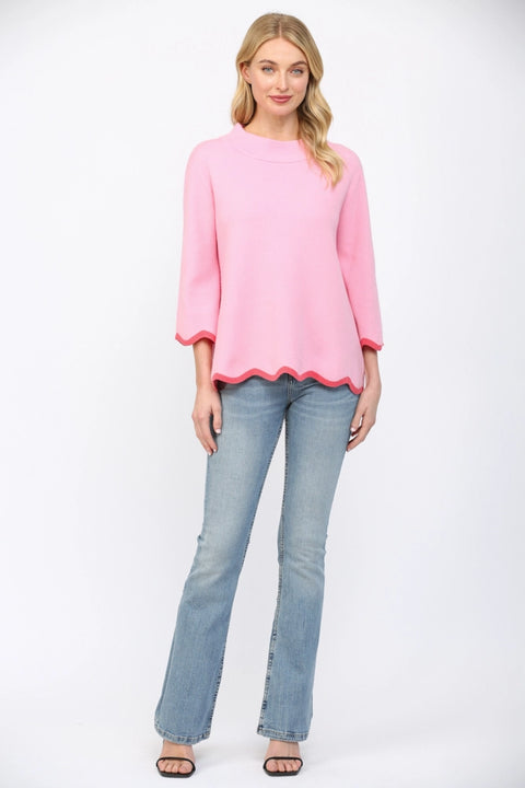 Scallop Edge Detailed Mock Neck Sweater Top in Pink