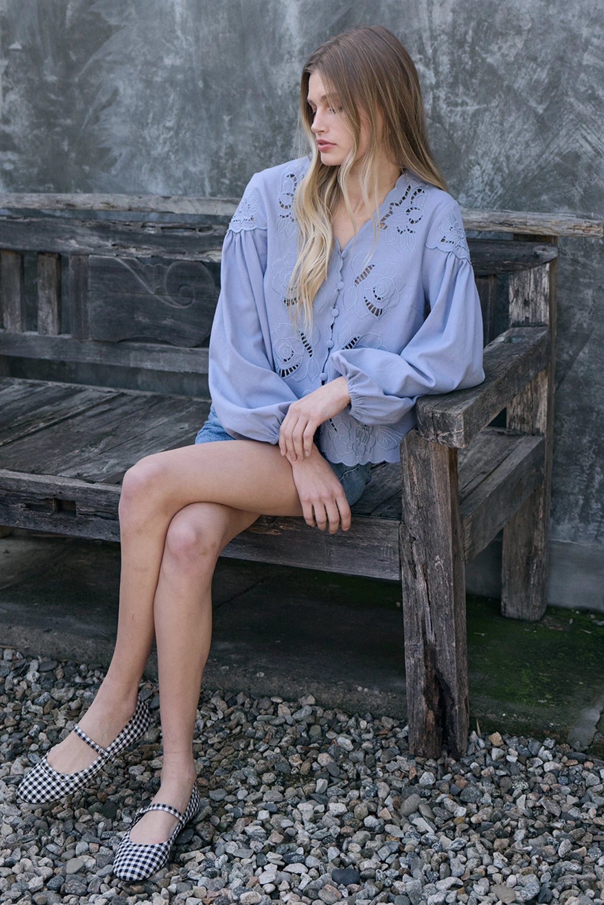 Scalloped Floral Cutout Button Blouse - Blue