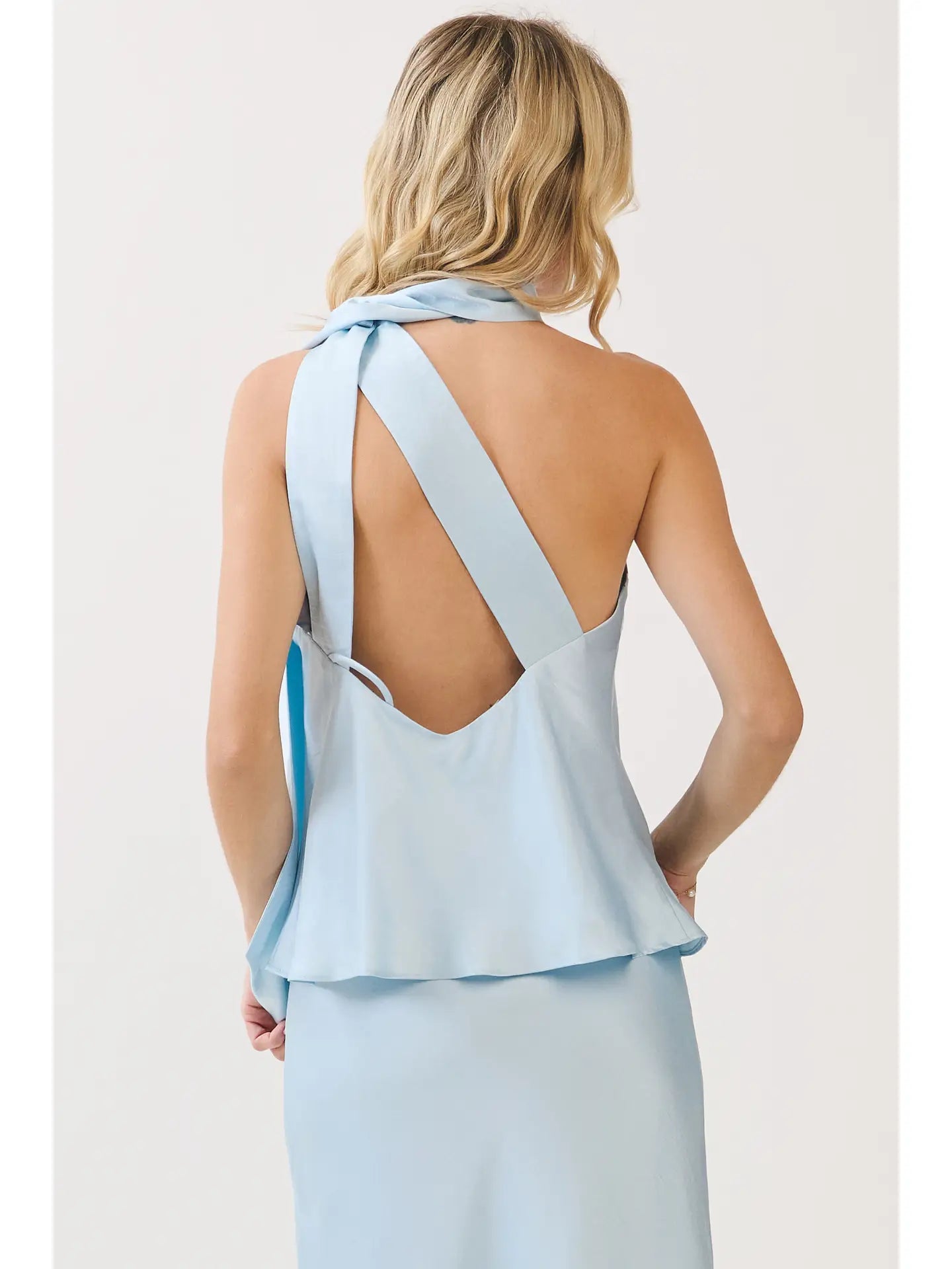 Scarf Neck Accent Open Back Satin Top