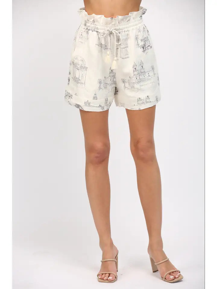 Scenic Print Linen Blend Drawstring Waist Shorts-Shorts-FATE-S-IVORY/NAVY-Urbanheer