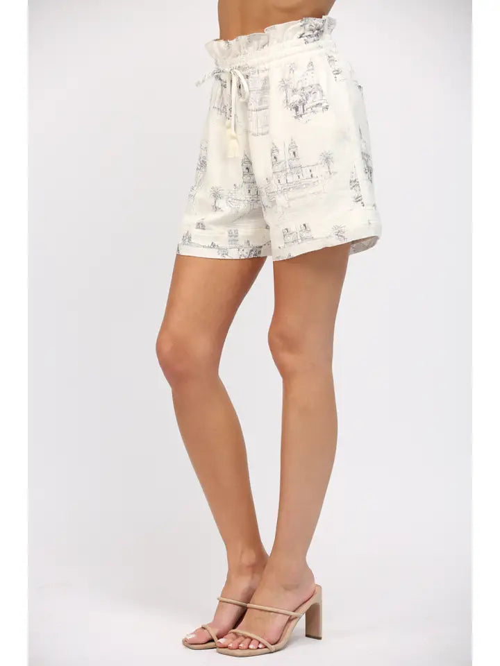 Scenic Print Linen Blend Drawstring Waist Shorts-Shorts-FATE-S-IVORY/NAVY-Urbanheer