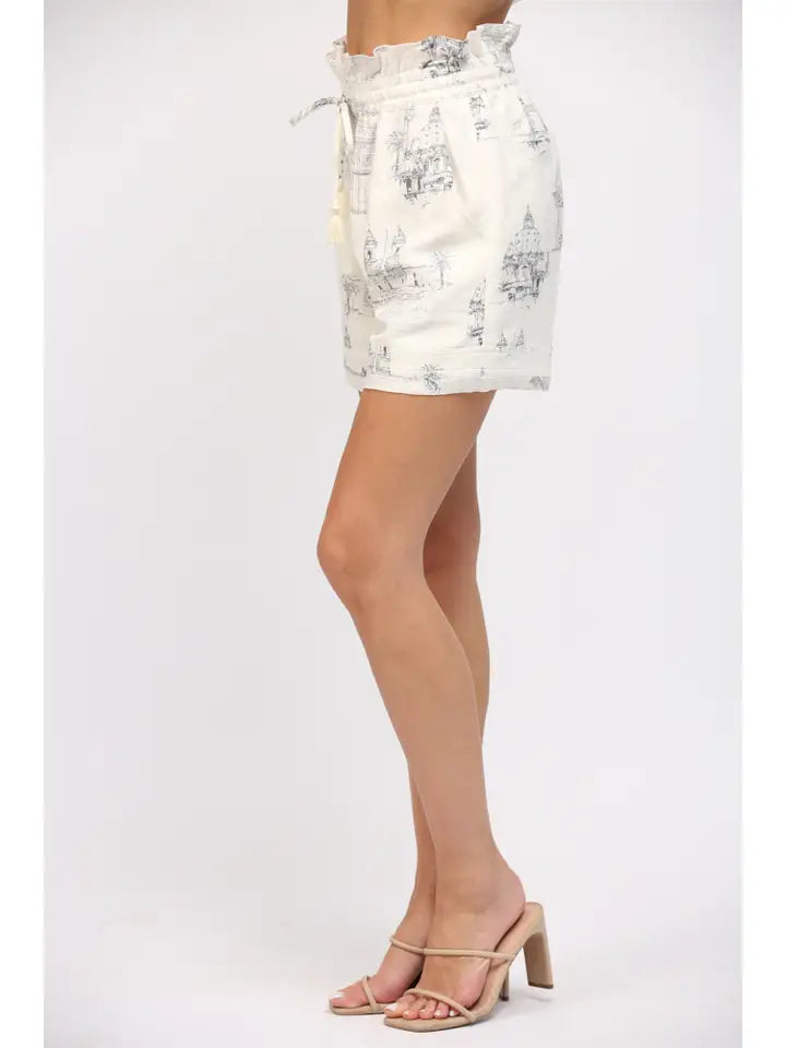 Scenic Print Linen Blend Drawstring Waist Shorts-Shorts-FATE-S-IVORY/NAVY-Urbanheer