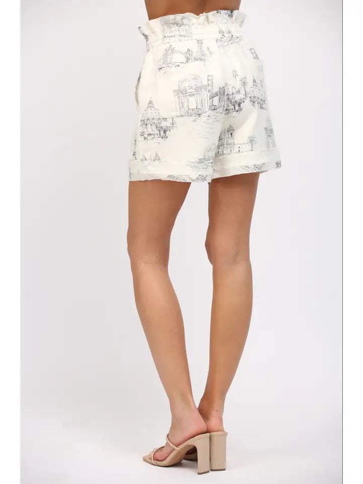 Scenic Print Linen Blend Drawstring Waist Shorts-Shorts-FATE-S-IVORY/NAVY-Urbanheer