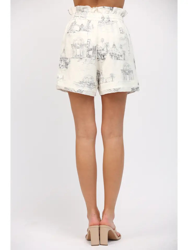 Scenic Print Linen Blend Drawstring Waist Shorts-Shorts-FATE-S-IVORY/NAVY-Urbanheer
